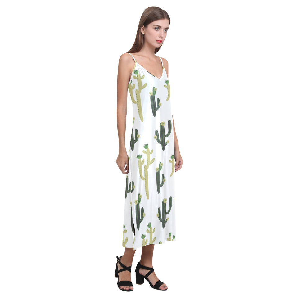 Cute cactus pattern V-Neck Open Fork Long Dress