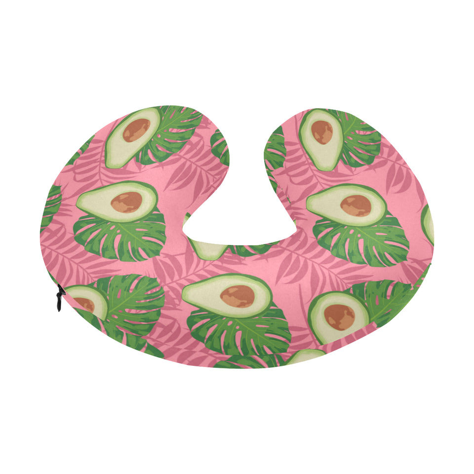 Avocado slices leaves pink back ground U-Shaped Travel Neck Pillow