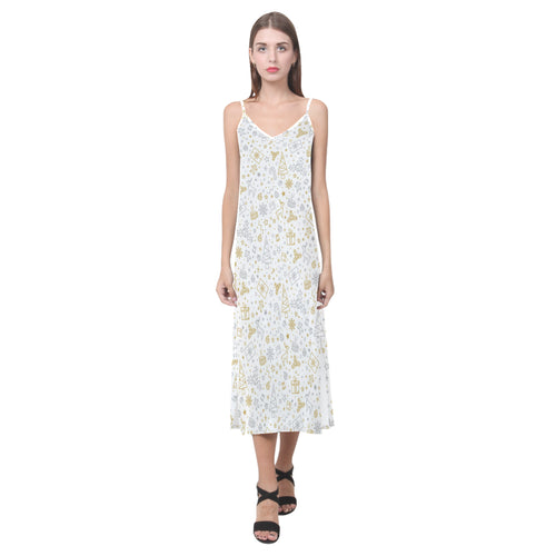Christmas tree Christmas element Silver gold patte V-Neck Open Fork Long Dress