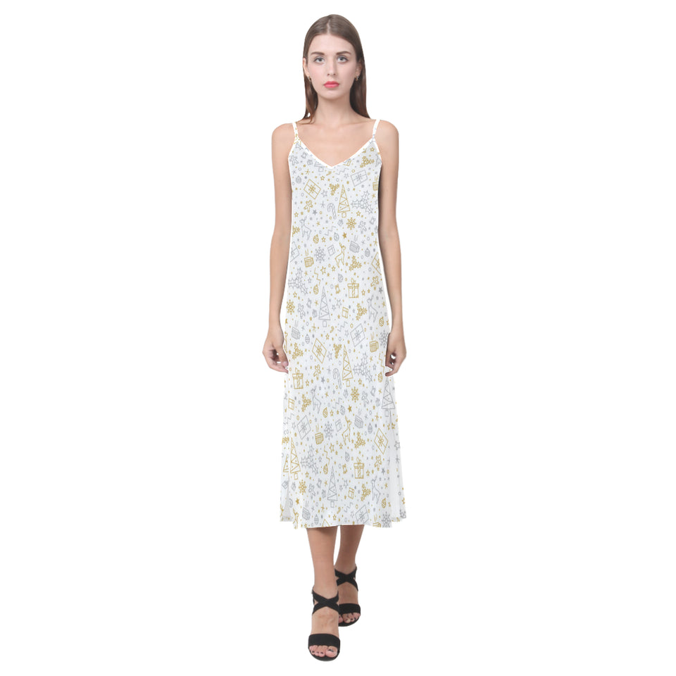 Christmas tree Christmas element Silver gold patte V-Neck Open Fork Long Dress