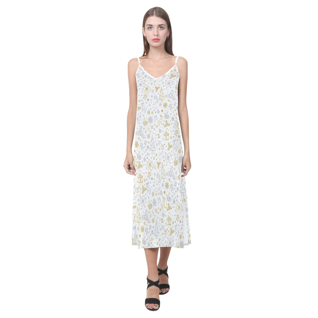 Christmas tree Christmas element Silver gold patte V-Neck Open Fork Long Dress