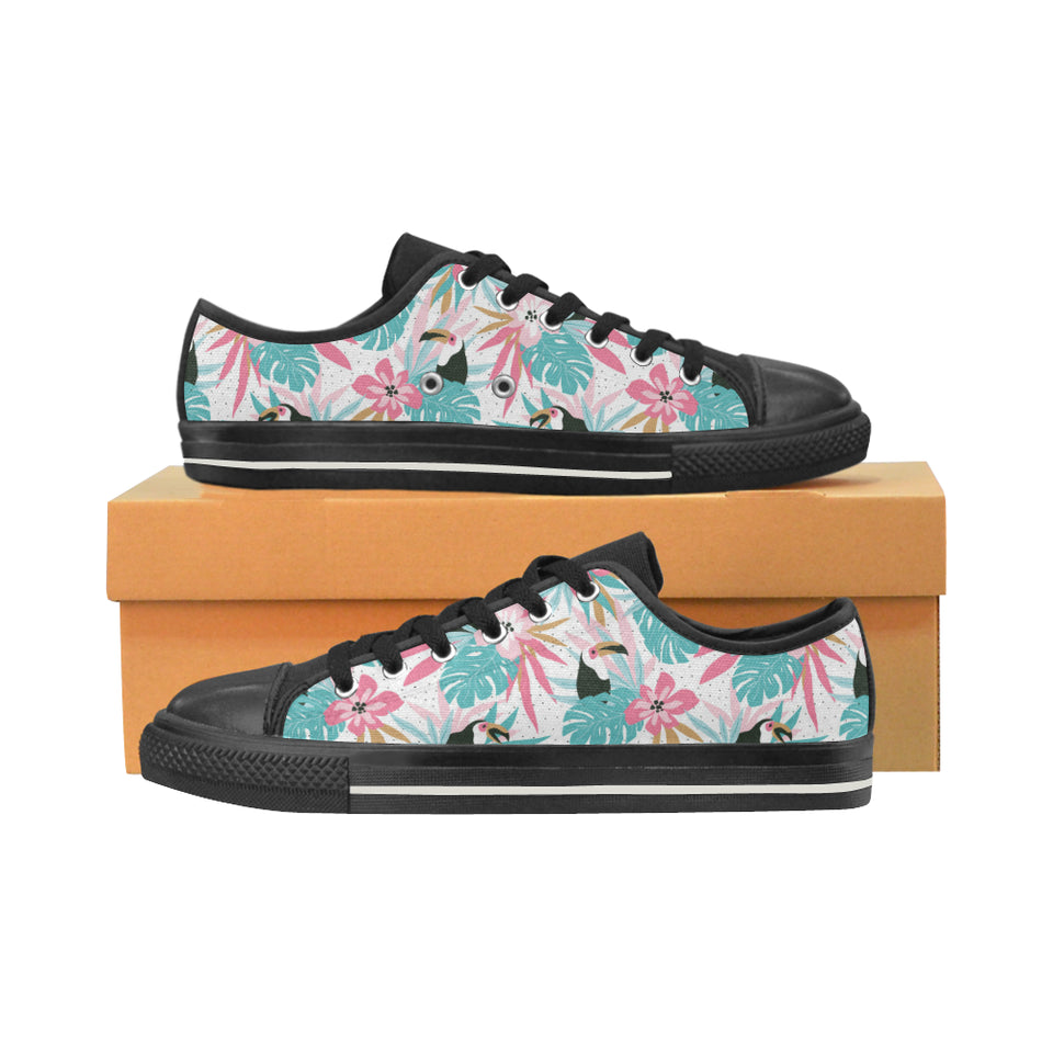 Toucan tropical flower leave pattern Women's Low Top Canvas Shoes Black