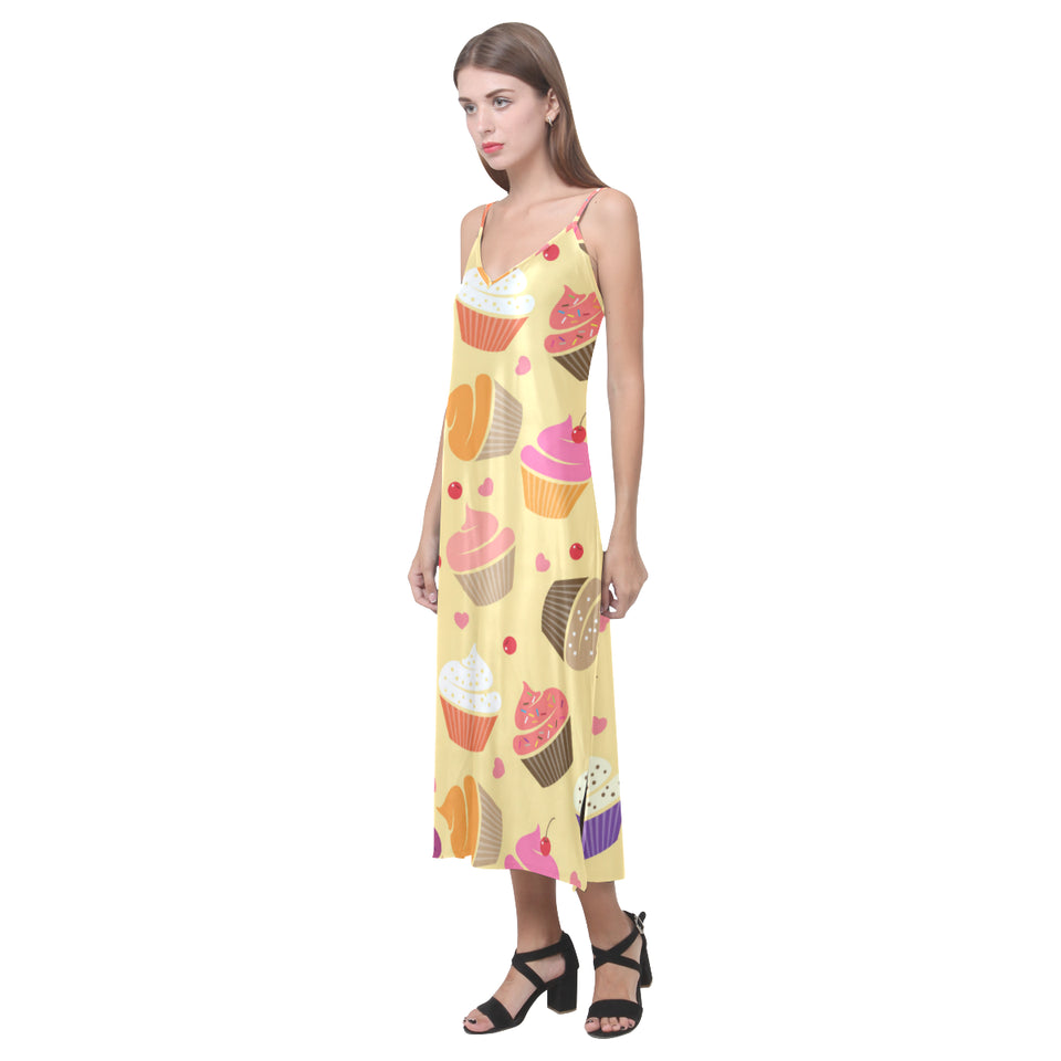 cake cupcake heart cherry pattern V-Neck Open Fork Long Dress
