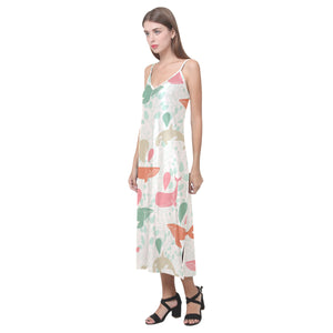 Cute whale pattern V-Neck Open Fork Long Dress