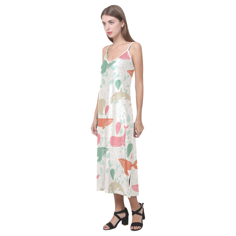 Cute whale pattern V-Neck Open Fork Long Dress