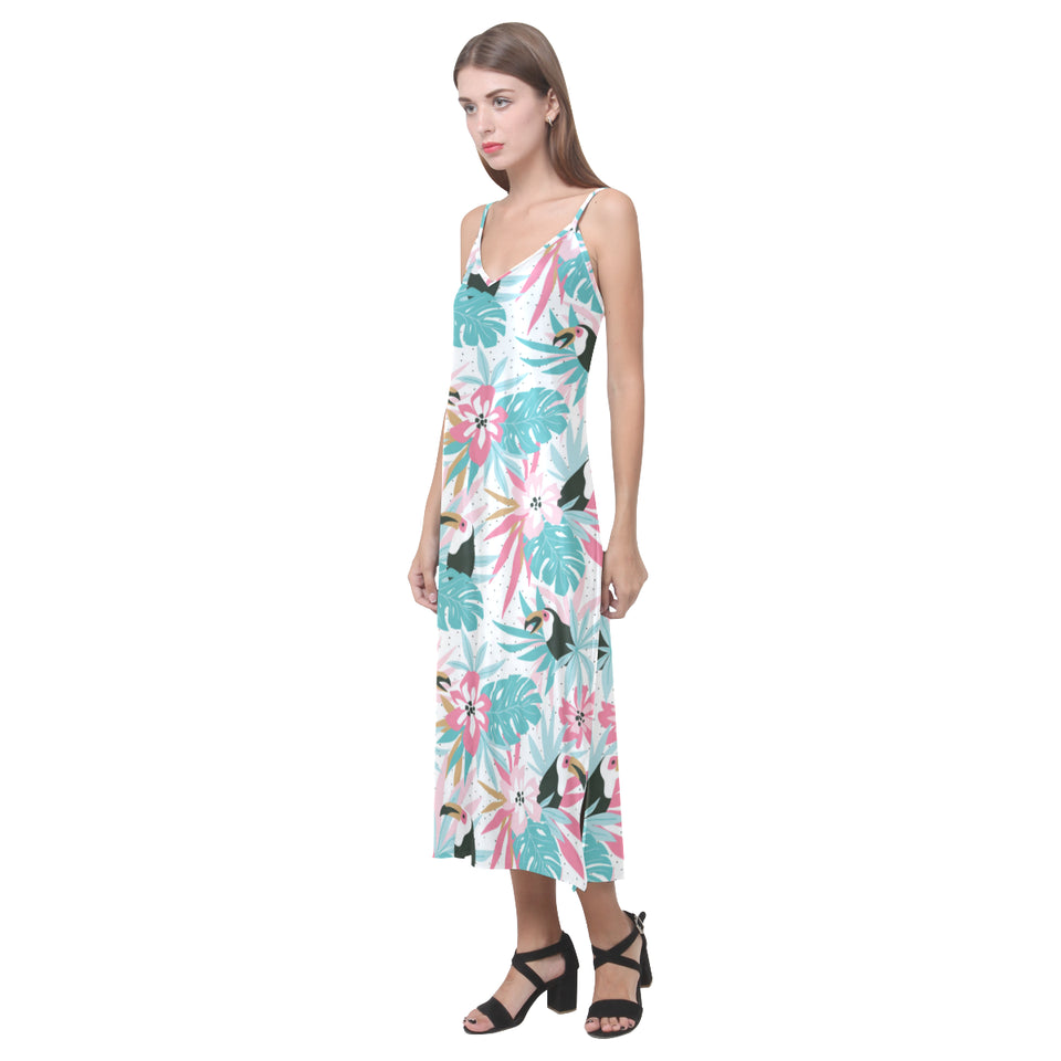 Toucan tropical flower leave pattern V-Neck Open Fork Long Dress