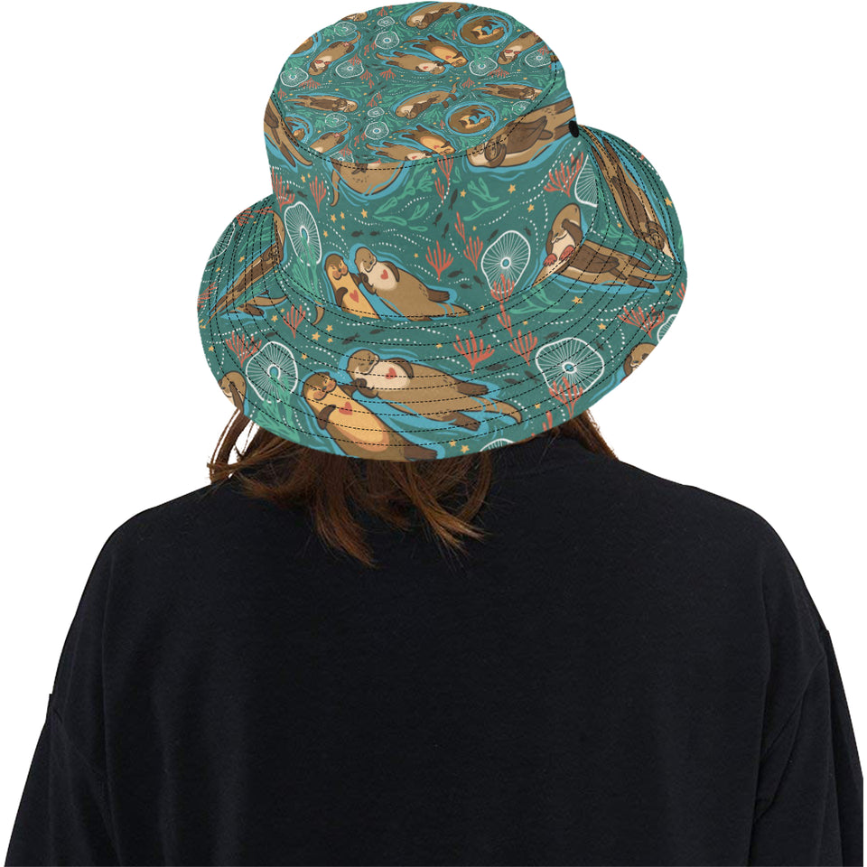 cute brown sea otters ornamental seaweed corals gr Unisex Bucket Hat