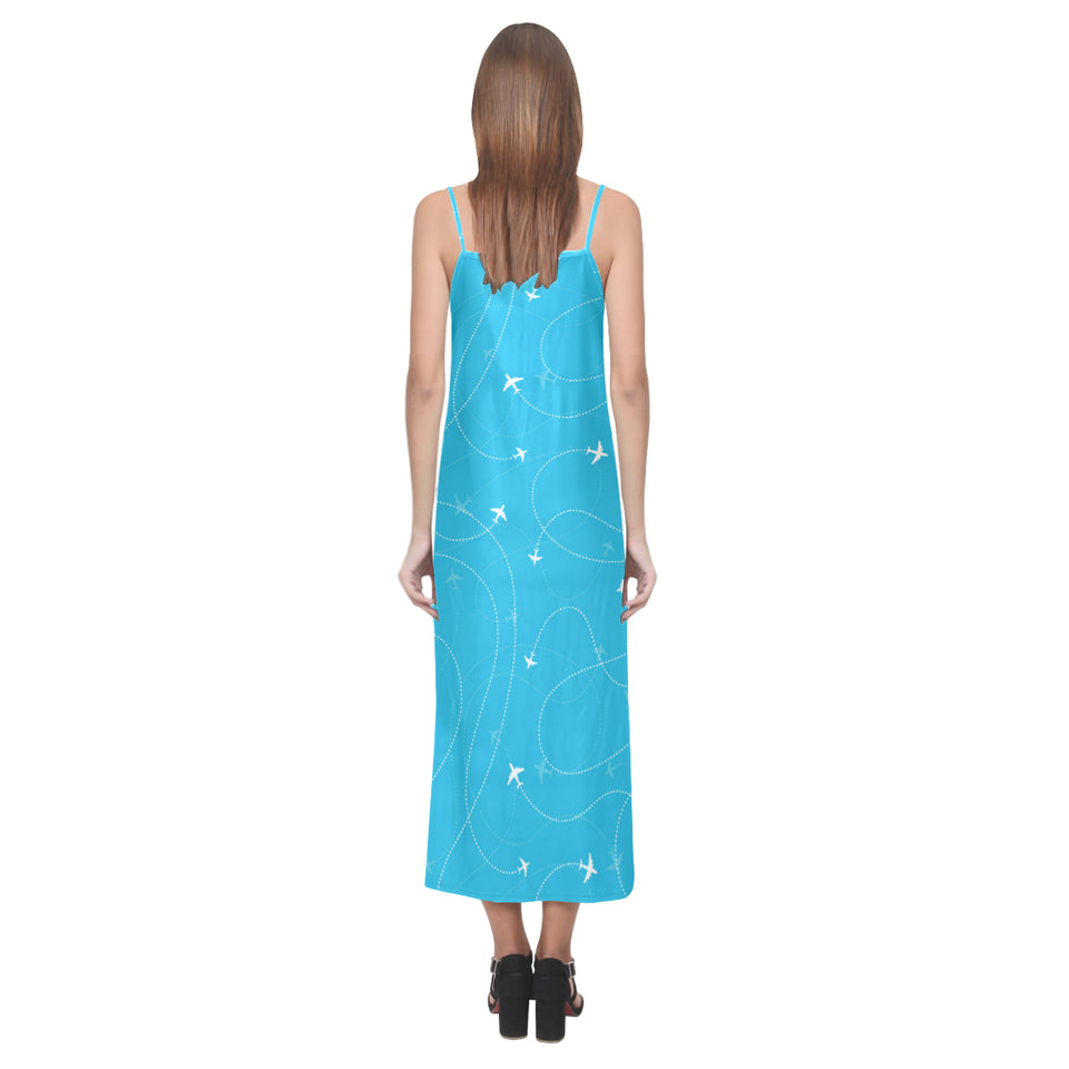 Airplane destinations blue background V-Neck Open Fork Long Dress