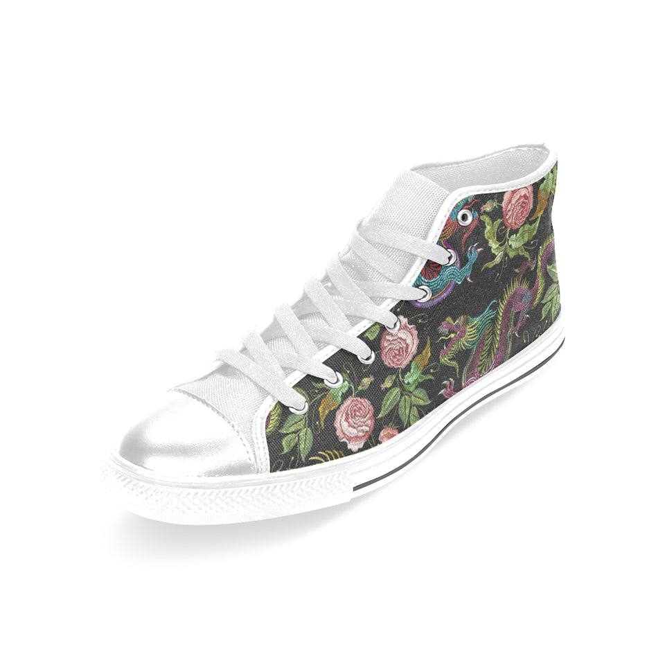 Dragons flower pattern Women's High Top Canvas Shoes White