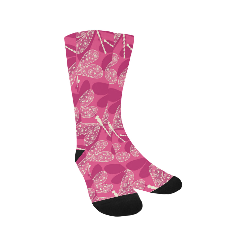 Beautiful dragonfly pink background Crew Socks