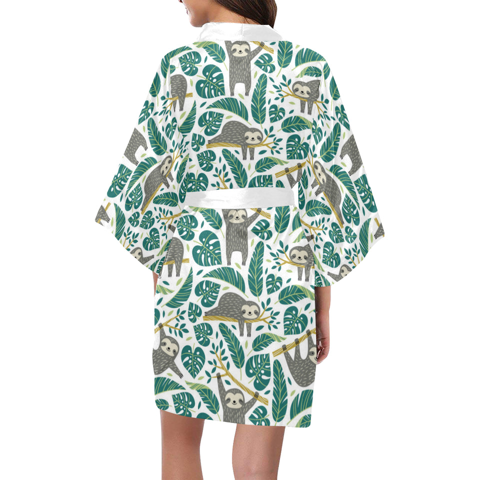 Cute sloths tropical palm leaves white background Women's Short Kimono Robe