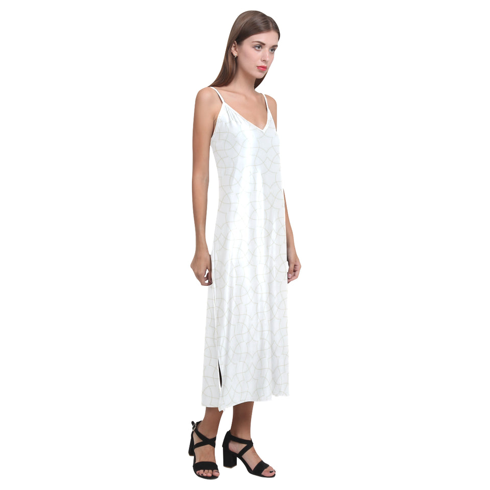 arabic white pattern V-Neck Open Fork Long Dress