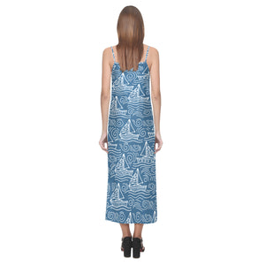 Hand drawn sailboat pattern V-Neck Open Fork Long Dress