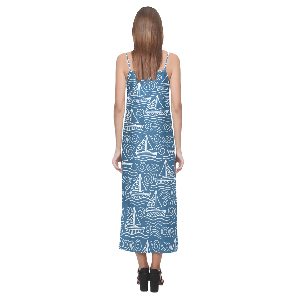 Hand drawn sailboat pattern V-Neck Open Fork Long Dress
