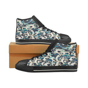 Japanese wave pattern Women's High Top Canvas Shoes Black