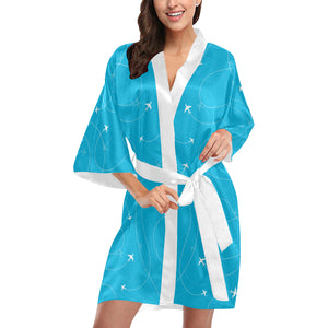 Airplane destinations blue background Women's Short Kimono Robe