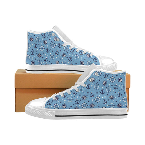 Anchors rudder compass star nautical pattern Men's High Top Canvas Shoes White