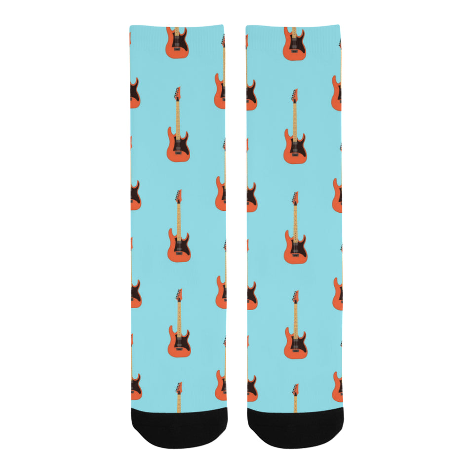 electric guitar pattern light blue background Crew Socks