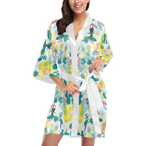 Cute parrot toucan flamingo cactus exotic leaves p Women's Short Kimono Robe