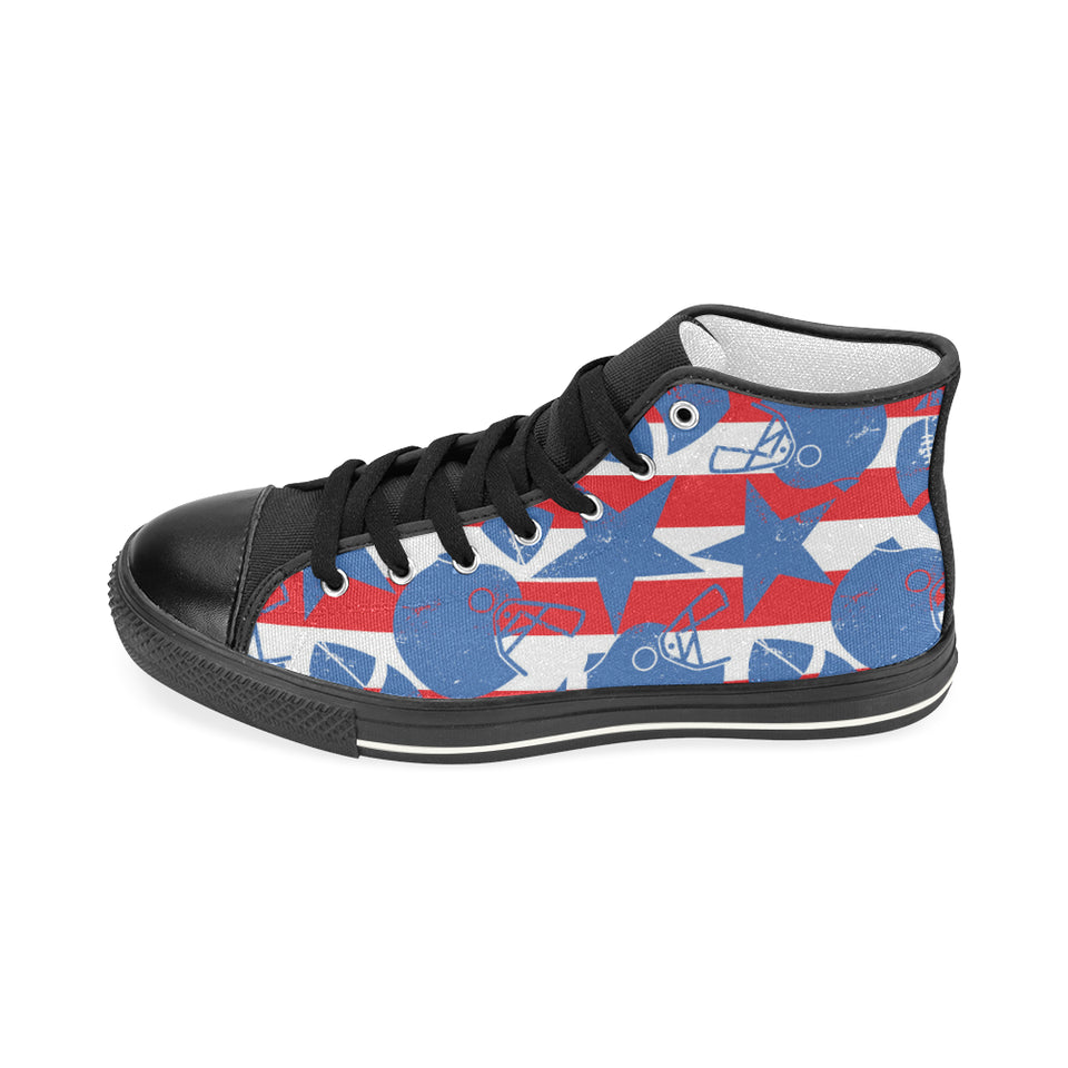 American football ball star stripes pattern Women's High Top Canvas Canvas Shoes Black