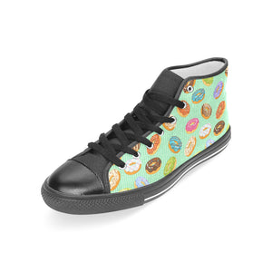 Colorful donut pattern green background Women's High Top Canvas Shoes Black