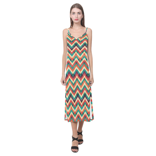 zigzag  chevron colorful pattern V-Neck Open Fork Long Dress
