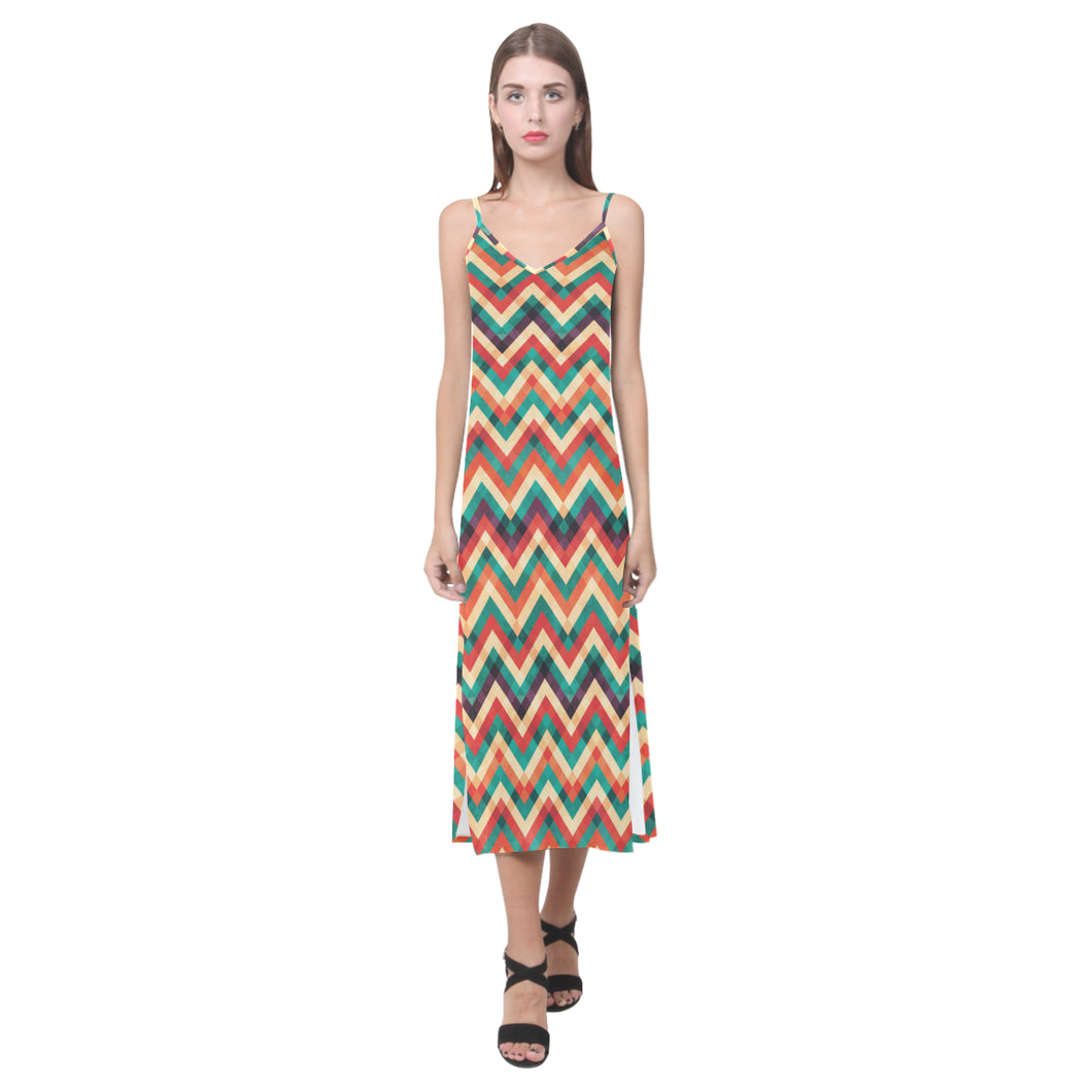zigzag  chevron colorful pattern V-Neck Open Fork Long Dress