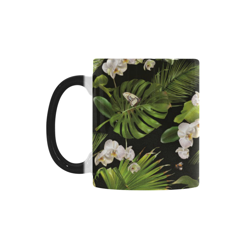 White orchid flower tropical leaves pattern blackg Morphing Mug Heat Changing Mug