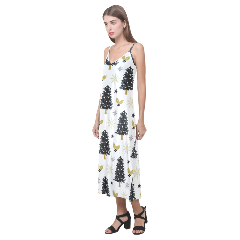 Christmas tree holly snow star pattern V-Neck Open Fork Long Dress