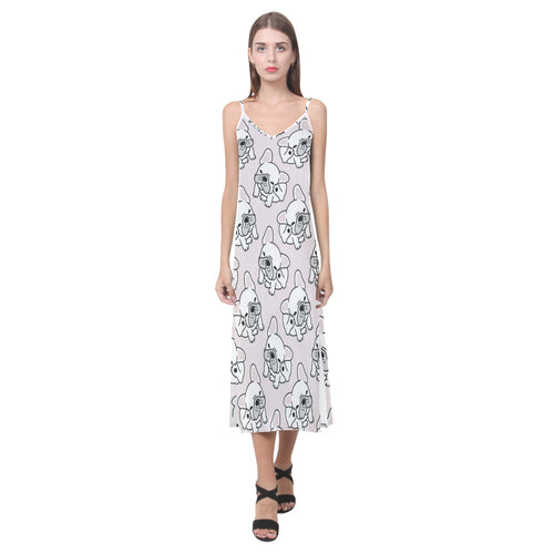 Cute french bulldog pattern V-Neck Open Fork Long Dress