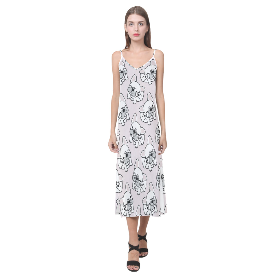 Cute french bulldog pattern V-Neck Open Fork Long Dress