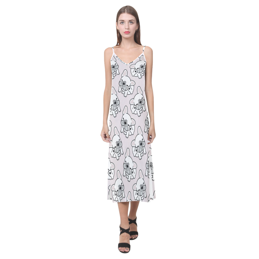 Cute french bulldog pattern V-Neck Open Fork Long Dress