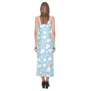 Cute rainbow clound star pattern blue background V-Neck Open Fork Long Dress