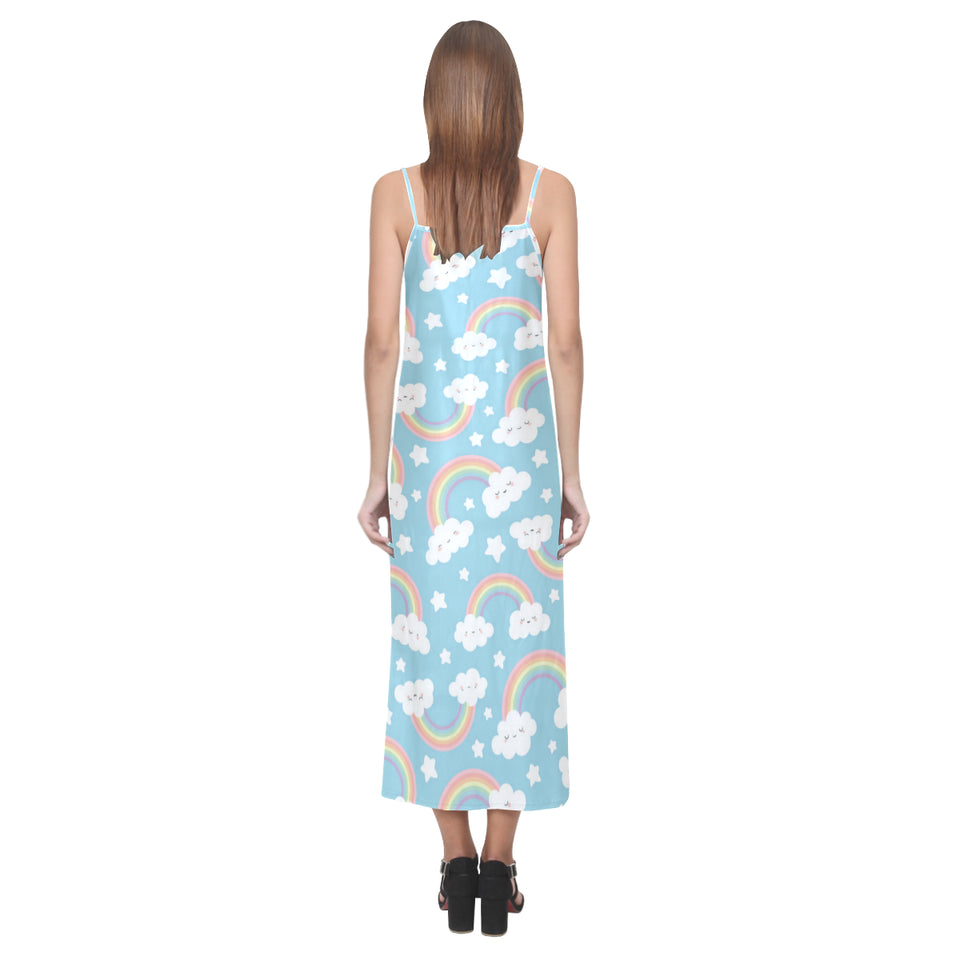 Cute rainbow clound star pattern blue background V-Neck Open Fork Long Dress