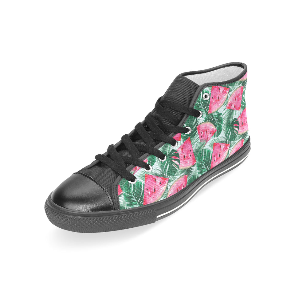 Watermelons tropical palm leaves pattern Women's High Top Canvas Shoes Black