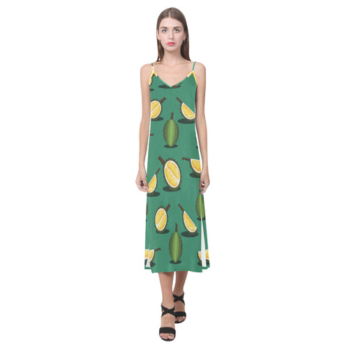 Durian pattern green background V-Neck Open Fork Long Dress
