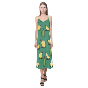 Durian pattern green background V-Neck Open Fork Long Dress