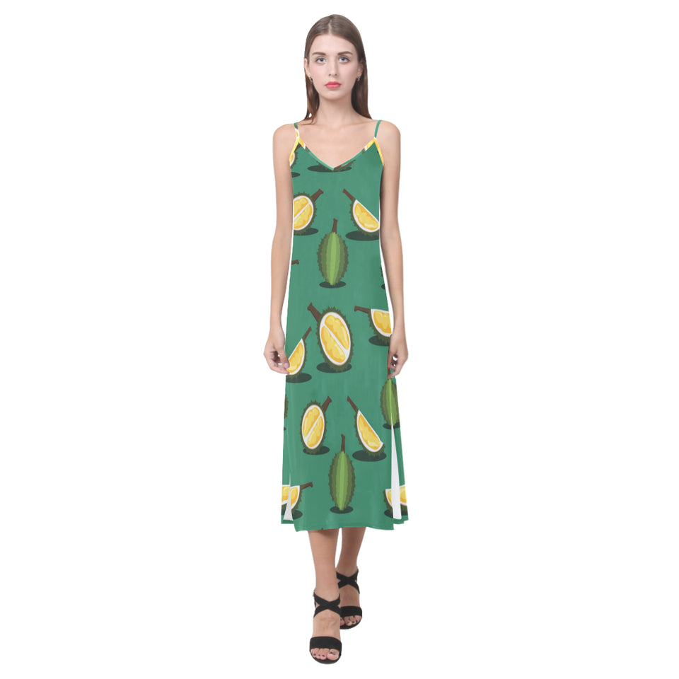 Durian pattern green background V-Neck Open Fork Long Dress