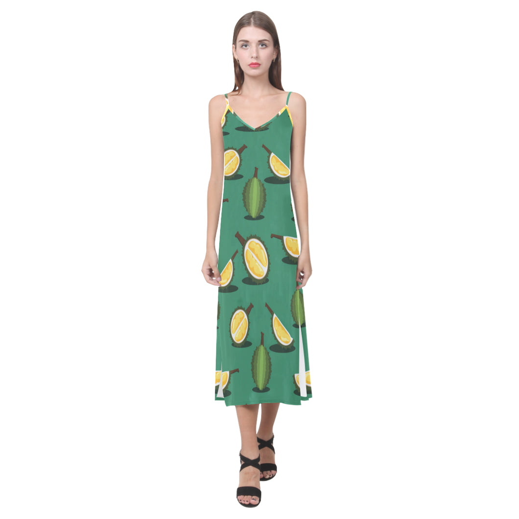 Durian pattern green background V-Neck Open Fork Long Dress