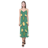 Durian pattern green background V-Neck Open Fork Long Dress