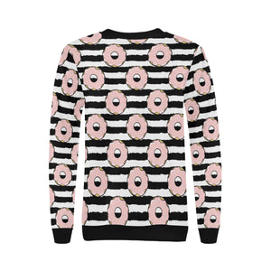 Donuts pink icing striped pattern Women's Crew Neck Sweatshirt