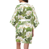 White orchid flower tropical leaves pattern Women's Short Kimono Robe