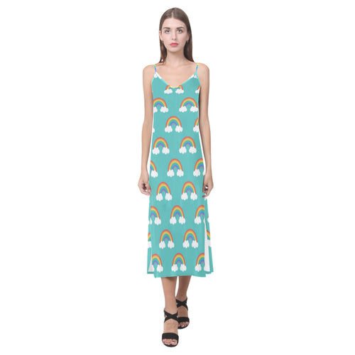 Rainbow pattern green background V-Neck Open Fork Long Dress