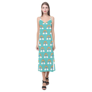 Rainbow pattern green background V-Neck Open Fork Long Dress