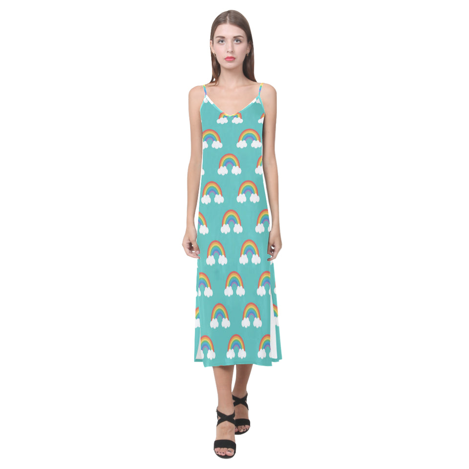 Rainbow pattern green background V-Neck Open Fork Long Dress