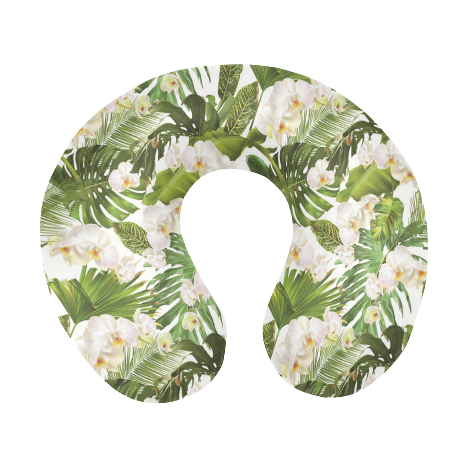 White orchid flower tropical leaves pattern U-Shaped Travel Neck Pillow