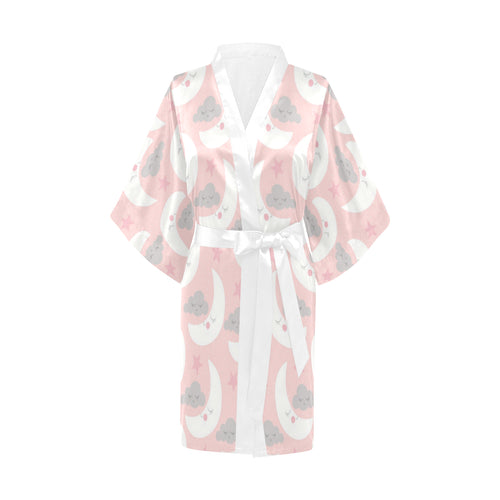 Cute moon cloud star pattern pink dot background Women's Short Kimono Robe