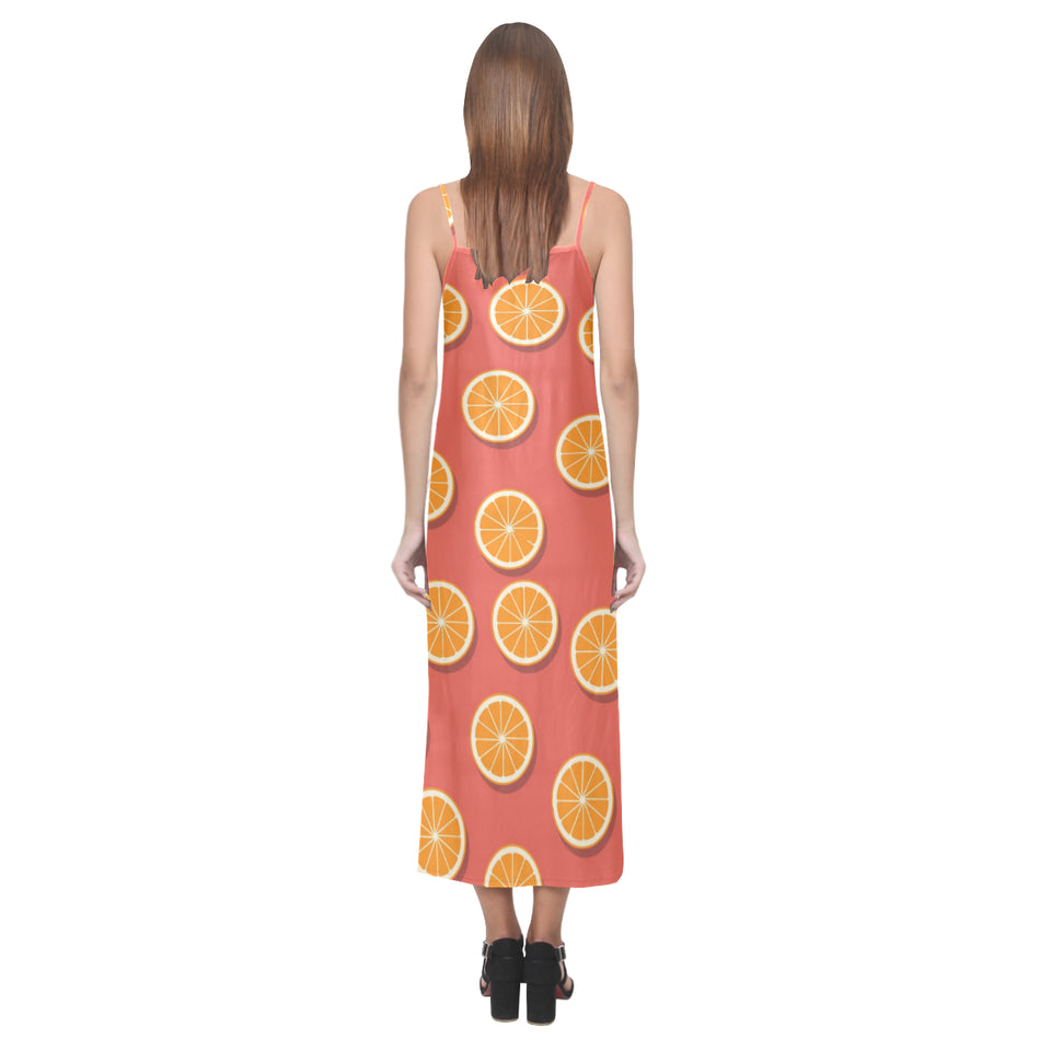 Oranges pattern red background V-Neck Open Fork Long Dress