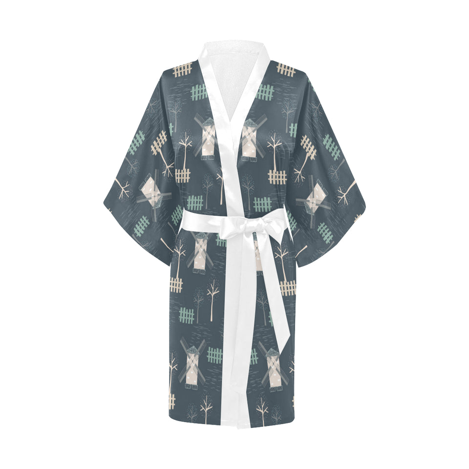 windmill tree pattern Women's Short Kimono Robe