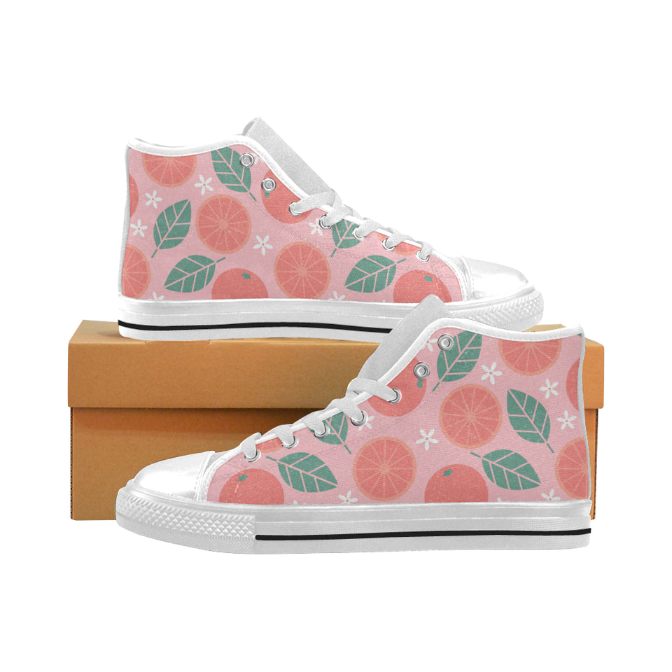 Grapefruit leaves flower pink background Men's High Top Canvas Shoes White